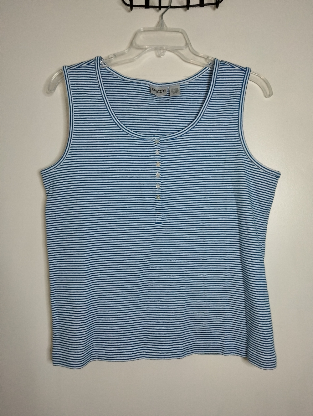Chico's (Size 3/XL/16) Blue & White Striped Cotton Blend Sleeveless Henley Tank